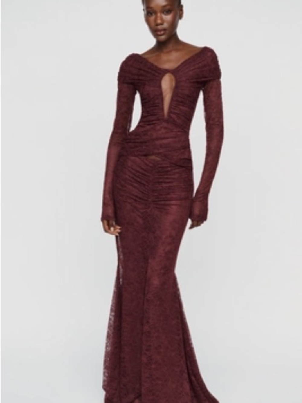 MISHA COLLECTION Burgundy Long-Sleeve Ruched Evening Gown